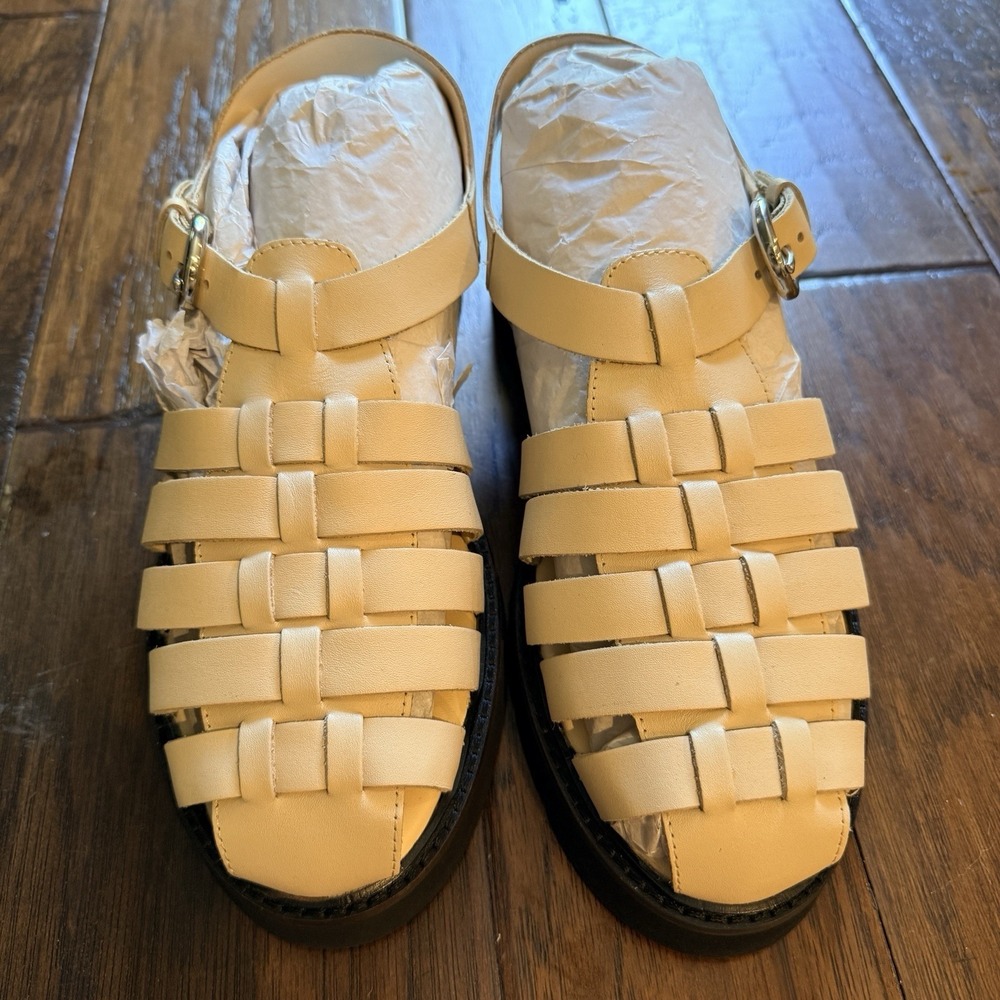 Anthropologie Fisherman Sandals Womens 10 Tan Leather Lug Sole Caged Closed Toe - Picture 2 of 15